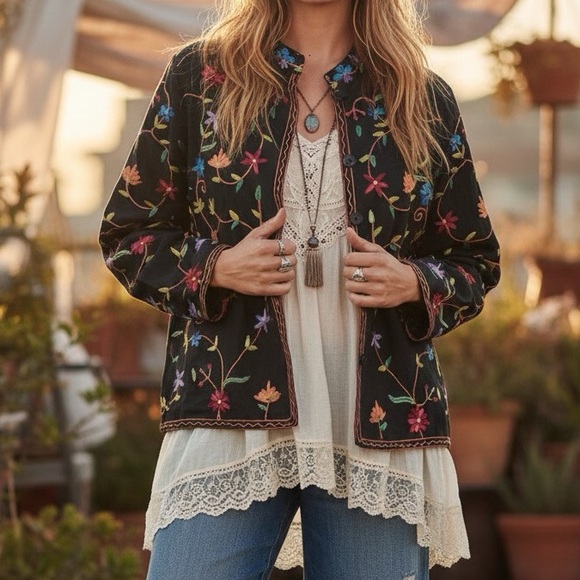 Bfa Classics Jackets & Blazers - Vintage Colorful Embroidered Floral Black Jacket